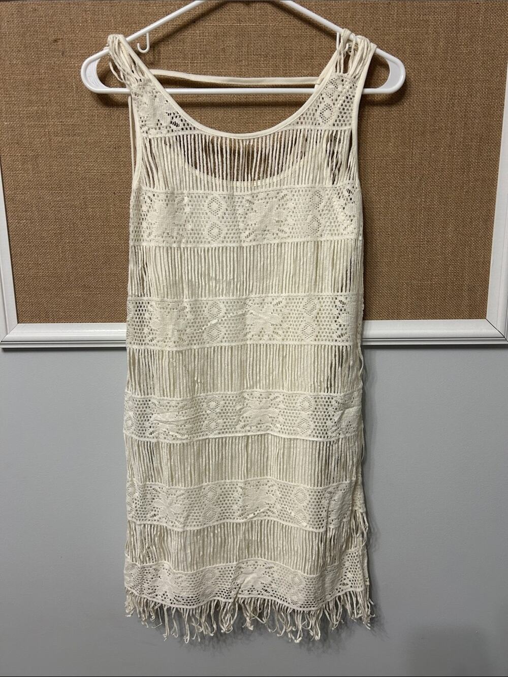 Boho Crochet Fringe Tank Dress in Cream